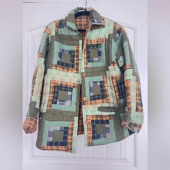 Patch magic unisex reversible button up Tan Plaid Jacket - Picture 2 of 14